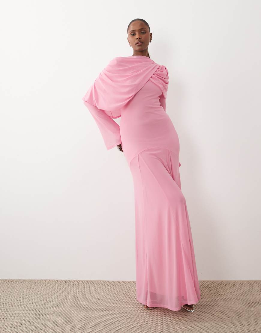 ASOS DESIGN - Modesty - Maxikleid aus Netzstoff in Rosa mit Overlay und drapiertem Ausschnitt von ASOS DESIGN