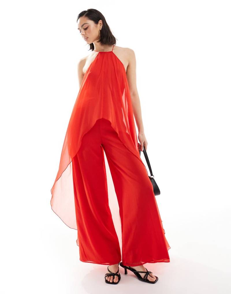 ASOS DESIGN - Neckholder-Jumpsuit in Rot mit Overlay-Design von ASOS DESIGN