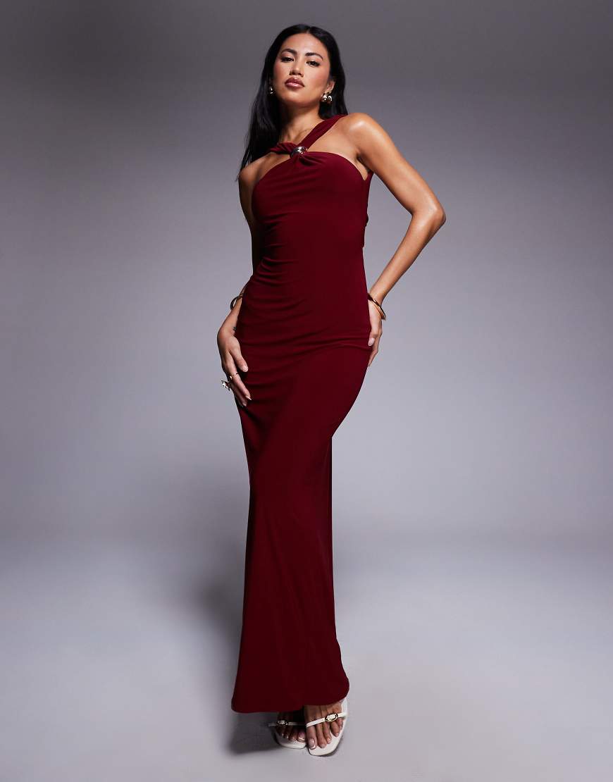 ASOS DESIGN - Neckholder-Maxikleid in Burgunderrot mit Besatz und verdrehtem Rücken-Detail von ASOS DESIGN