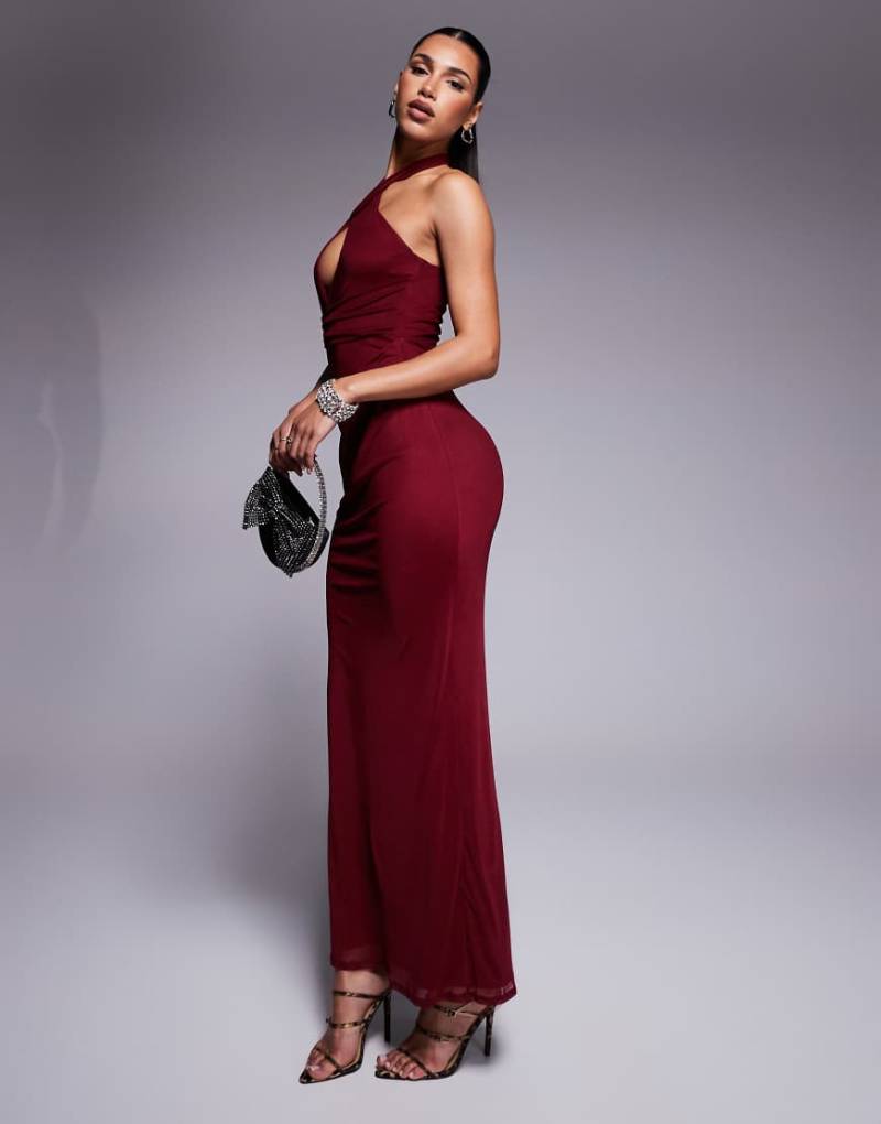 ASOS DESIGN - Neckholder-Maxikleid in Burgunderrot mit überkreuzter Vorderseite von ASOS DESIGN