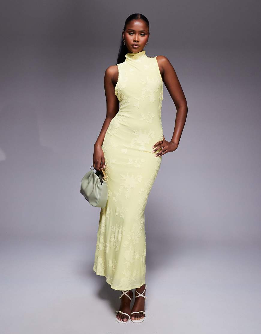 ASOS DESIGN - Neckholder-Maxikleid in Gelb mit Rückenausschnitt, Drapierung und Devoré-Optik von ASOS DESIGN