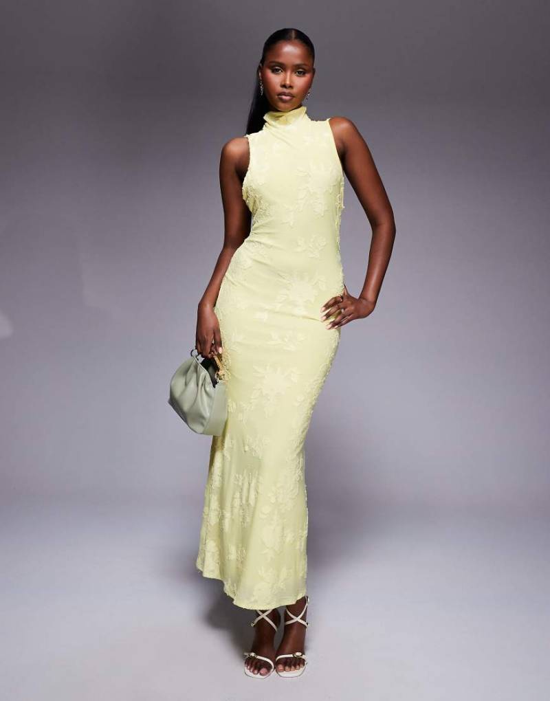 ASOS DESIGN - Neckholder-Maxikleid in Gelb mit Rückenausschnitt, Drapierung und Devoré-Optik von ASOS DESIGN