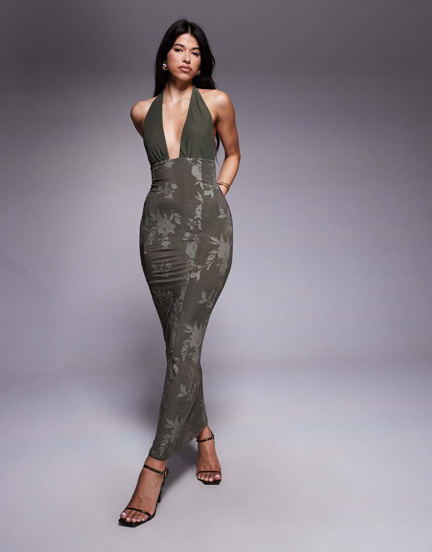 ASOS DESIGN - Neckholder-Maxikleid in Khaki mit Struktur-Grün von ASOS DESIGN