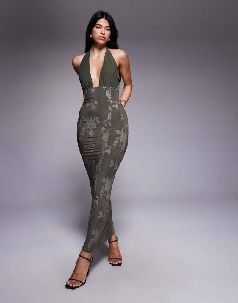 ASOS DESIGN - Neckholder-Maxikleid in Khaki mit Struktur-Grün von ASOS DESIGN