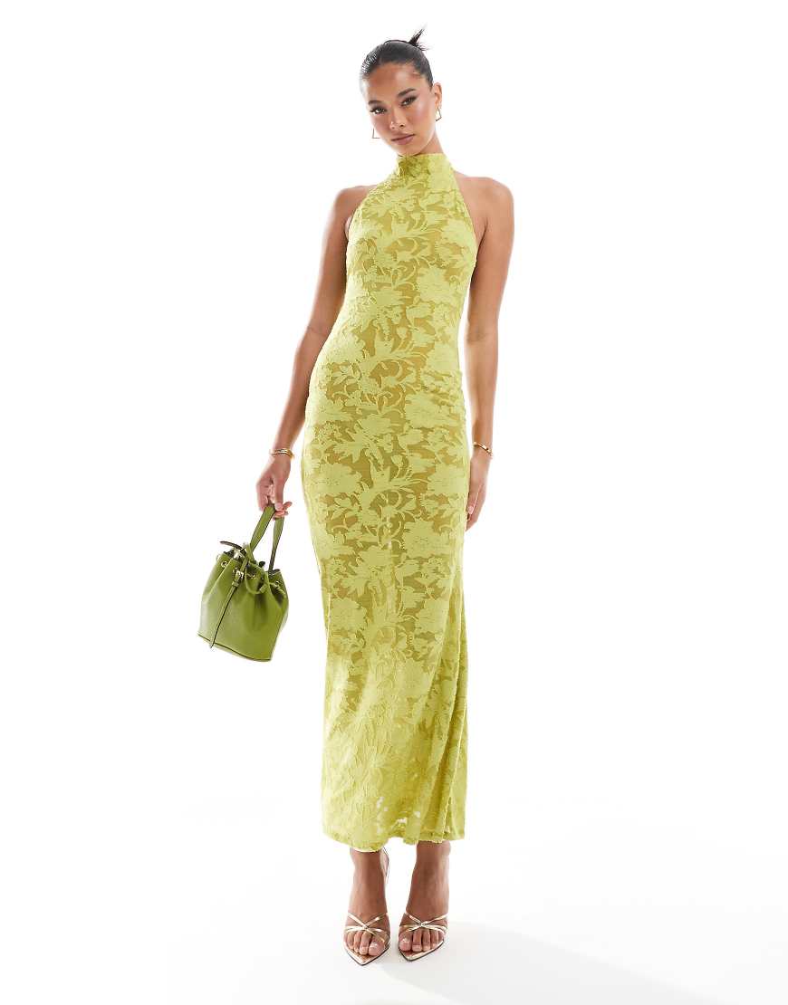 ASOS DESIGN - Neckholder-Maxikleid in Limettengrün mit durchscheinendem Ausbrennermuster und tiefem Rückenausschnitt-Gelb von ASOS DESIGN