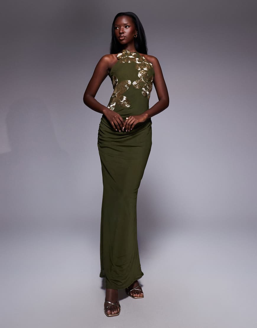 ASOS DESIGN - Neckholder-Maxikleid in Olivgrün mit 3D-Blumenverzierung von ASOS DESIGN