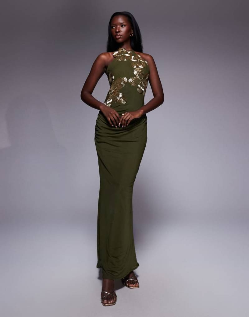 ASOS DESIGN - Neckholder-Maxikleid in Olivgrün mit 3D-Blumenverzierung von ASOS DESIGN