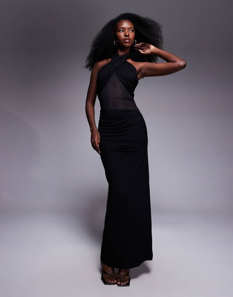 ASOS DESIGN - Neckholder-Maxikleid in Schwarz mit Einsätzen aus Netzstoff von ASOS DESIGN