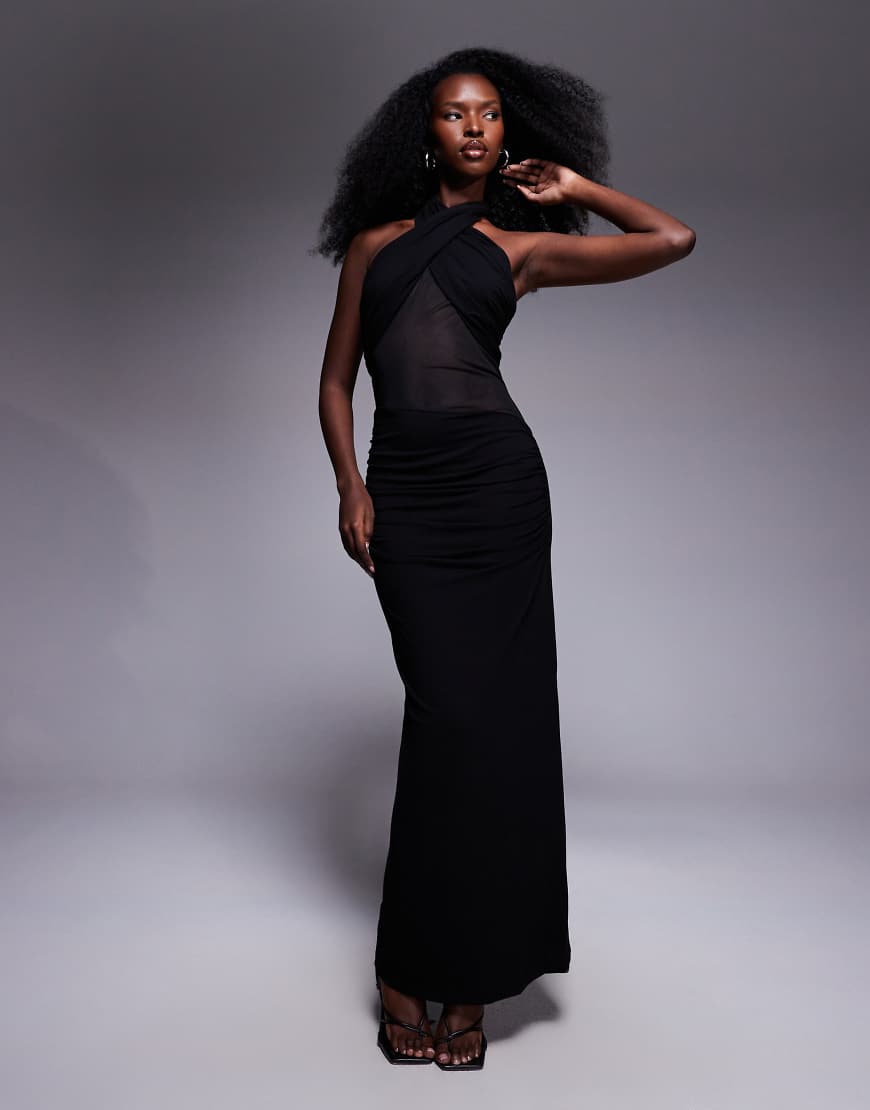 ASOS DESIGN - Neckholder-Maxikleid in Schwarz mit Einsätzen aus Netzstoff von ASOS DESIGN