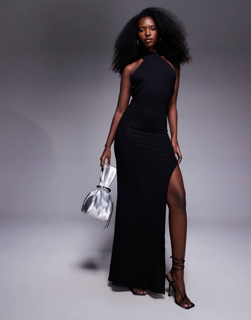 ASOS DESIGN - Neckholder-Maxikleid in Schwarz mit langem Beinschlitz von ASOS DESIGN