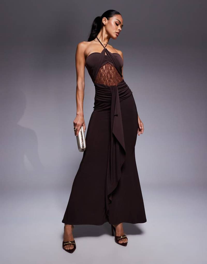 ASOS DESIGN - Neckholder-Maxikleid mit Spitzeneinsatz-Braun von ASOS DESIGN