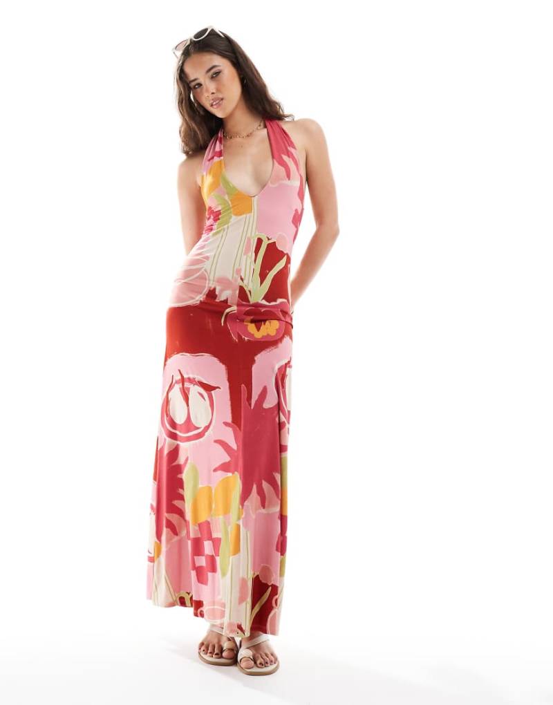ASOS DESIGN - Neckholder-Maxikleid mit abstraktem Print in Rosa-Bunt von ASOS DESIGN