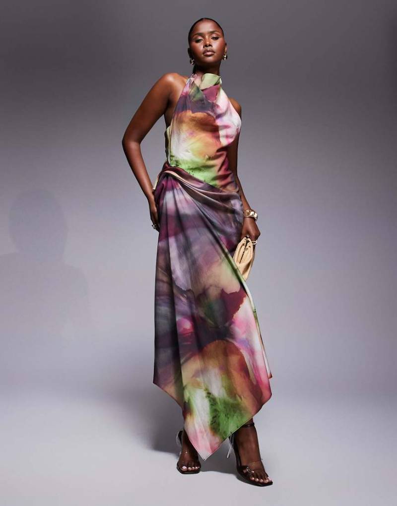 ASOS DESIGN - Neckholder-Maxikleid mit drapiertem Detail und abstraktem Muster-Bunt von ASOS DESIGN