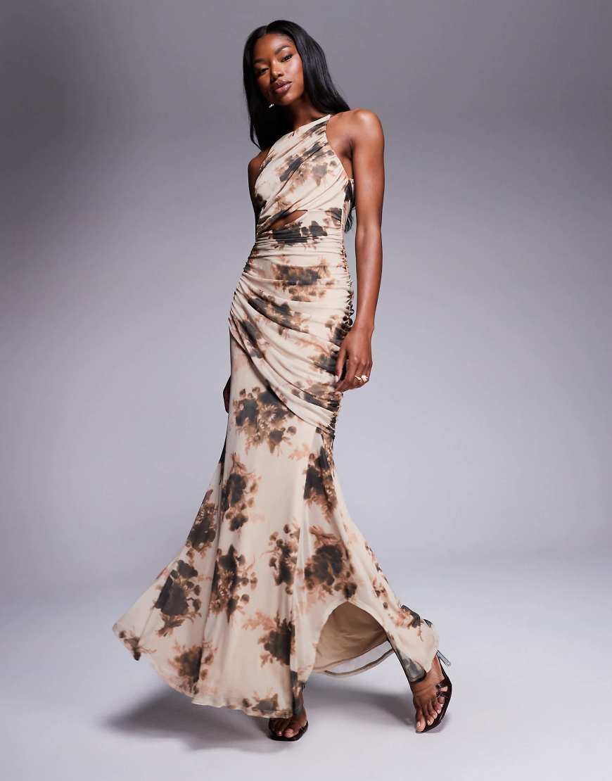 ASOS DESIGN - Neckholder-Maxikleid mit eckigem Ausschnitt, asymmetrischer Raffung und abstraktem Blumenmuster-Bunt von ASOS DESIGN