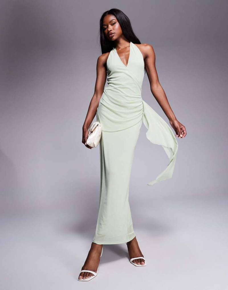 ASOS DESIGN - Neckholder-Midikleid aus Mesh in Salbeigrün mit markanter Schärpe am Rock-Keine Farbe von ASOS DESIGN