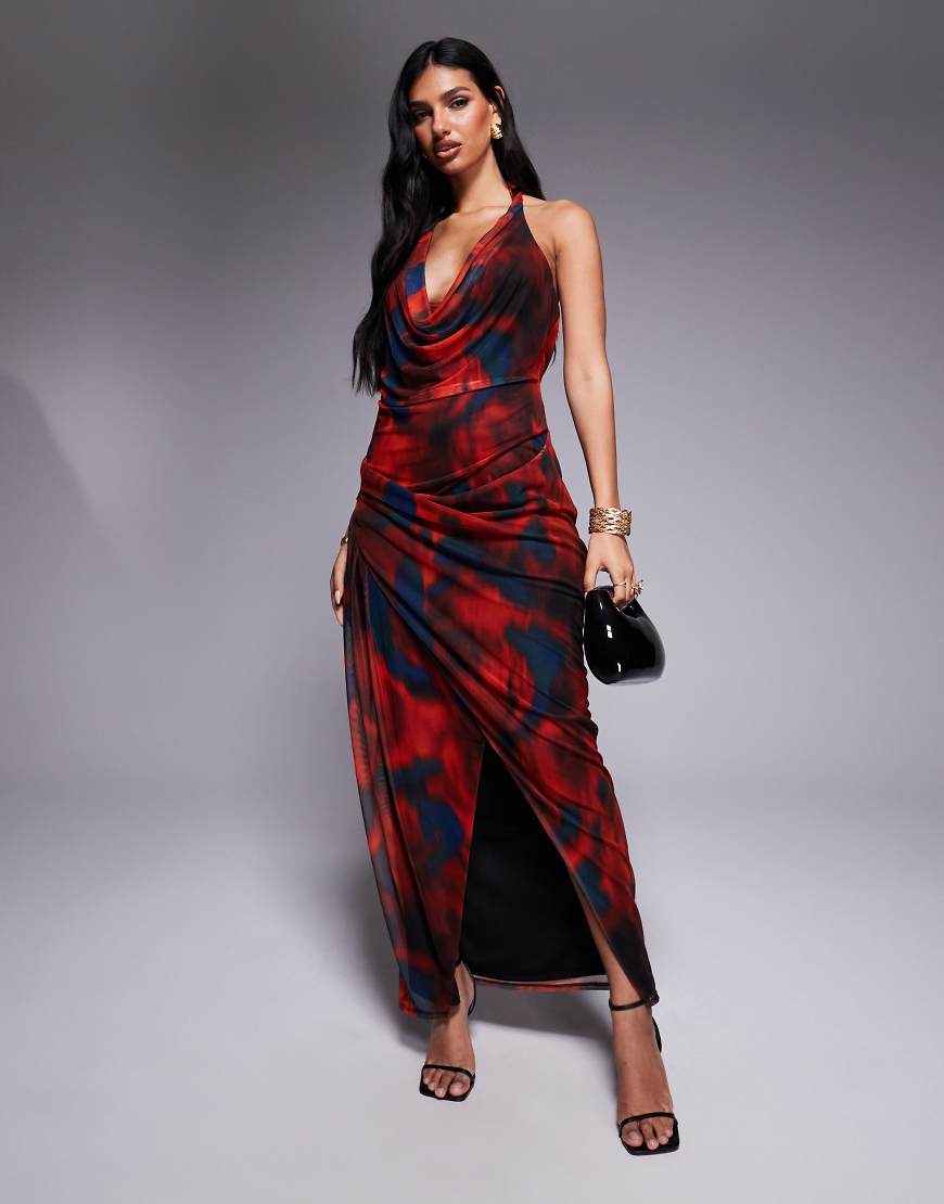 ASOS DESIGN - Neckholder-Midikleid aus Netzstoff mit abstraktem Print in Rot und Blau, tiefem Ausschnitt und Wickelrock-Bunt ASOS DESIGN - Neckholder-Midikleid aus Netzstoff mit abstraktem Print in Rot und Blau, tiefem Ausschnitt und Wickelrock-Bunt von ASOS DESIGN