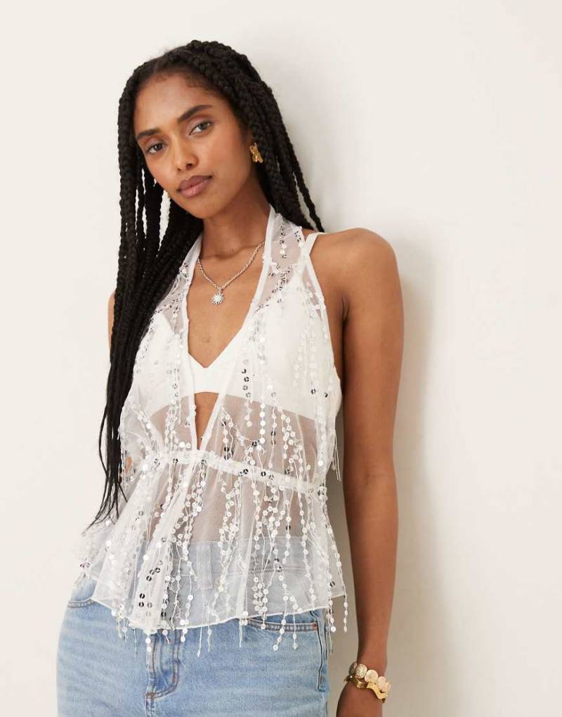 ASOS DESIGN - Transparentes Neckholder-Oberteil aus Netzstoff in Grau mit verstreuter Paillettenverzierung von ASOS DESIGN