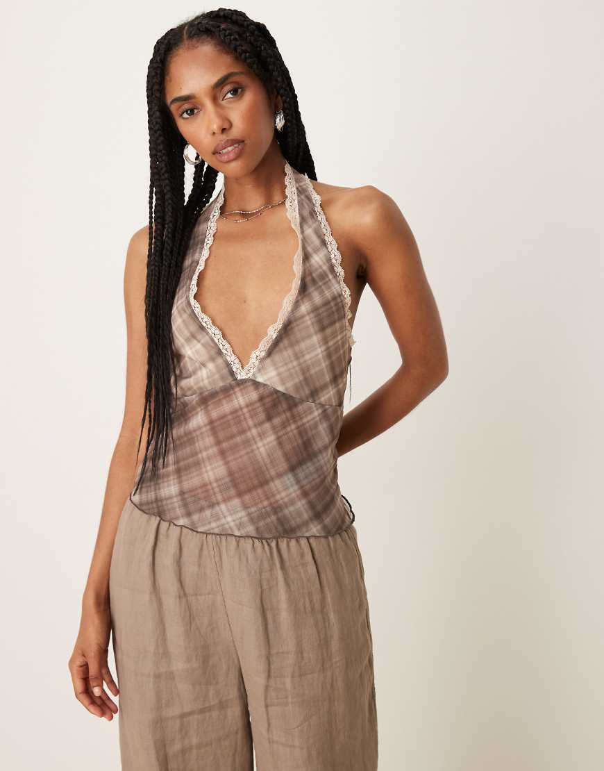 ASOS DESIGN - Neckholder-Oberteil aus Netzstoff in braun kariert mit tiefem Ausschnitt und Spitzenborte-Bunt von ASOS DESIGN