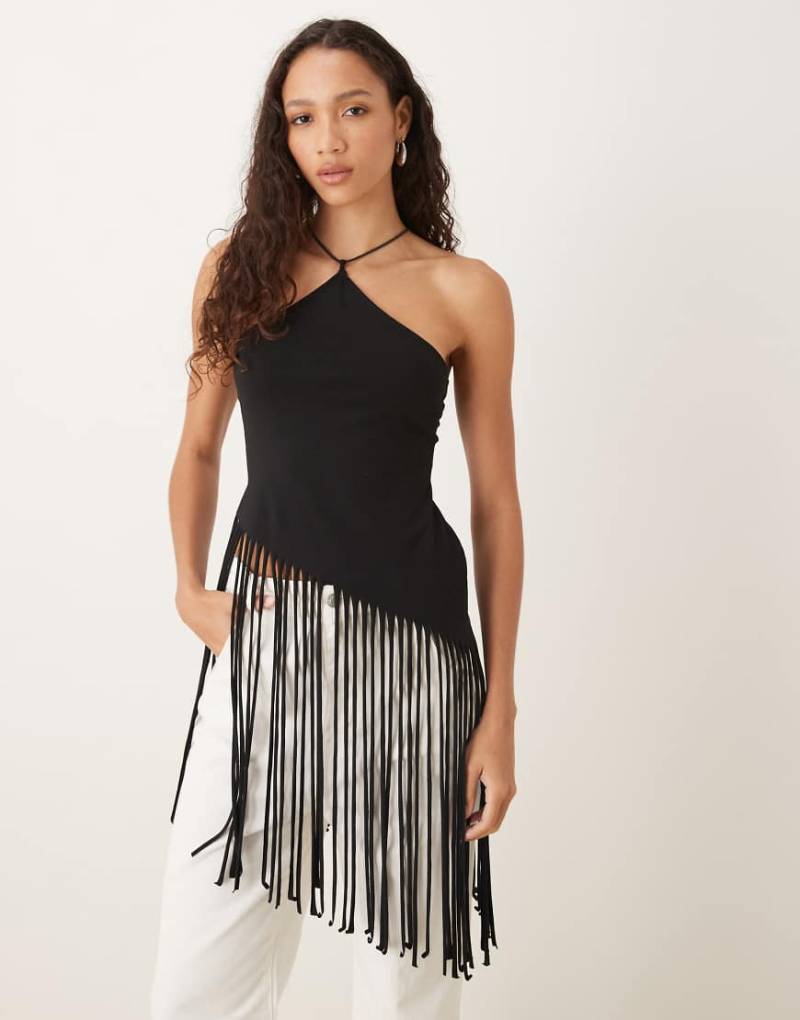 ASOS DESIGN - Neckholder-Oberteil im Longline-Stil in Schwarz mit Fransen von ASOS DESIGN