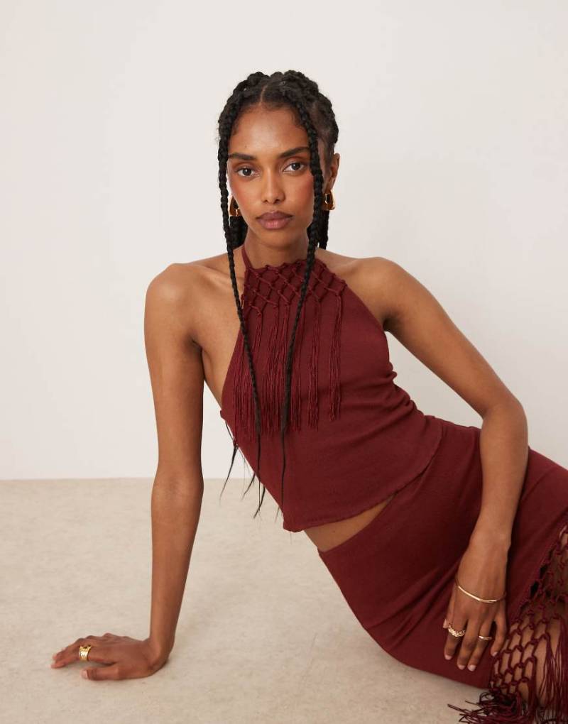 ASOS DESIGN - Neckholder-Oberteil in Rostrot mit Fransen, Kombiteil-Braun von ASOS DESIGN