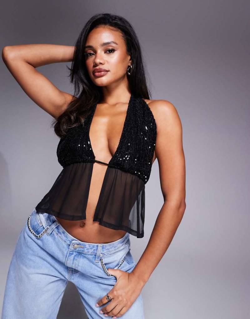 ASOS DESIGN - Neckholder-Top aus Netz- und Paillettenstoff in Schwarz von ASOS DESIGN