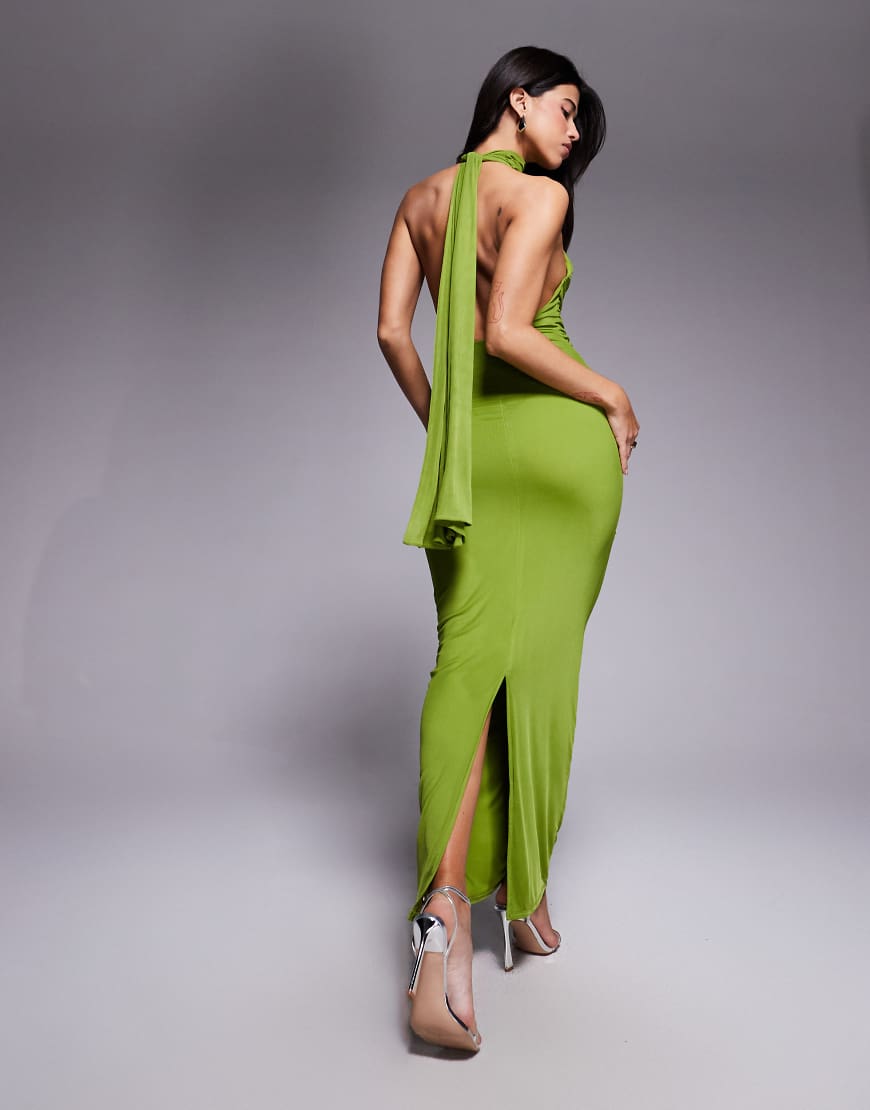 ASOS DESIGN - Netzstoff-Maxikleid in Grün mit verdrehtem Brustdetail und im Nacken gebundenem Neckholder von ASOS DESIGN