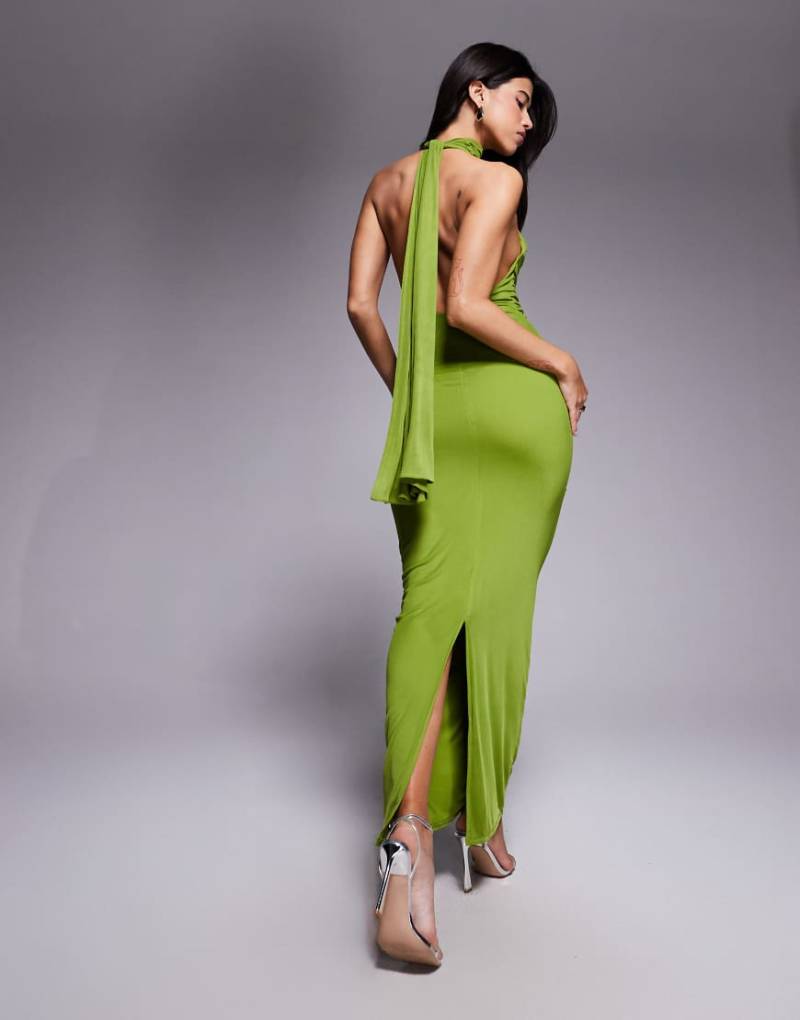 ASOS DESIGN - Netzstoff-Maxikleid in Grün mit verdrehtem Brustdetail und im Nacken gebundenem Neckholder von ASOS DESIGN