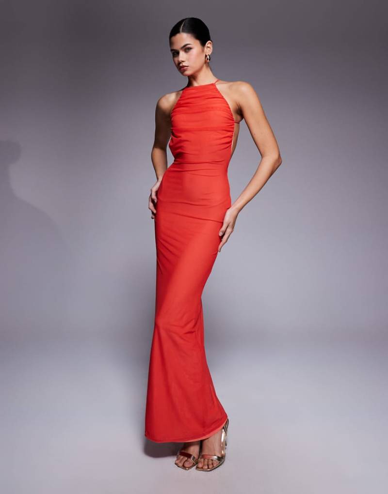 ASOS DESIGN - Netzstoff-Maxikleid in Koralle mit Neckholder und Besatz-Detail-Bunt von ASOS DESIGN