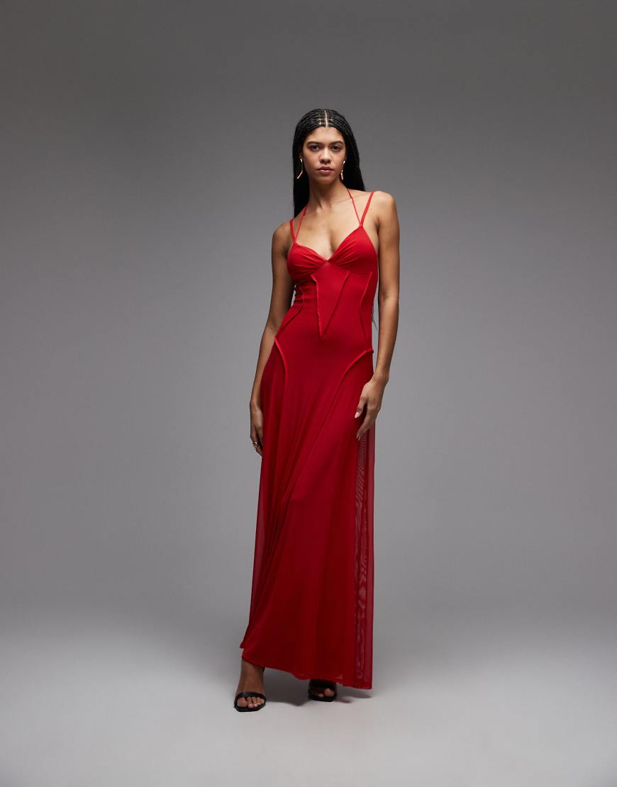 ASOS DESIGN - Netzstoff-Maxikleid in Rot mit Ziernaht von ASOS DESIGN