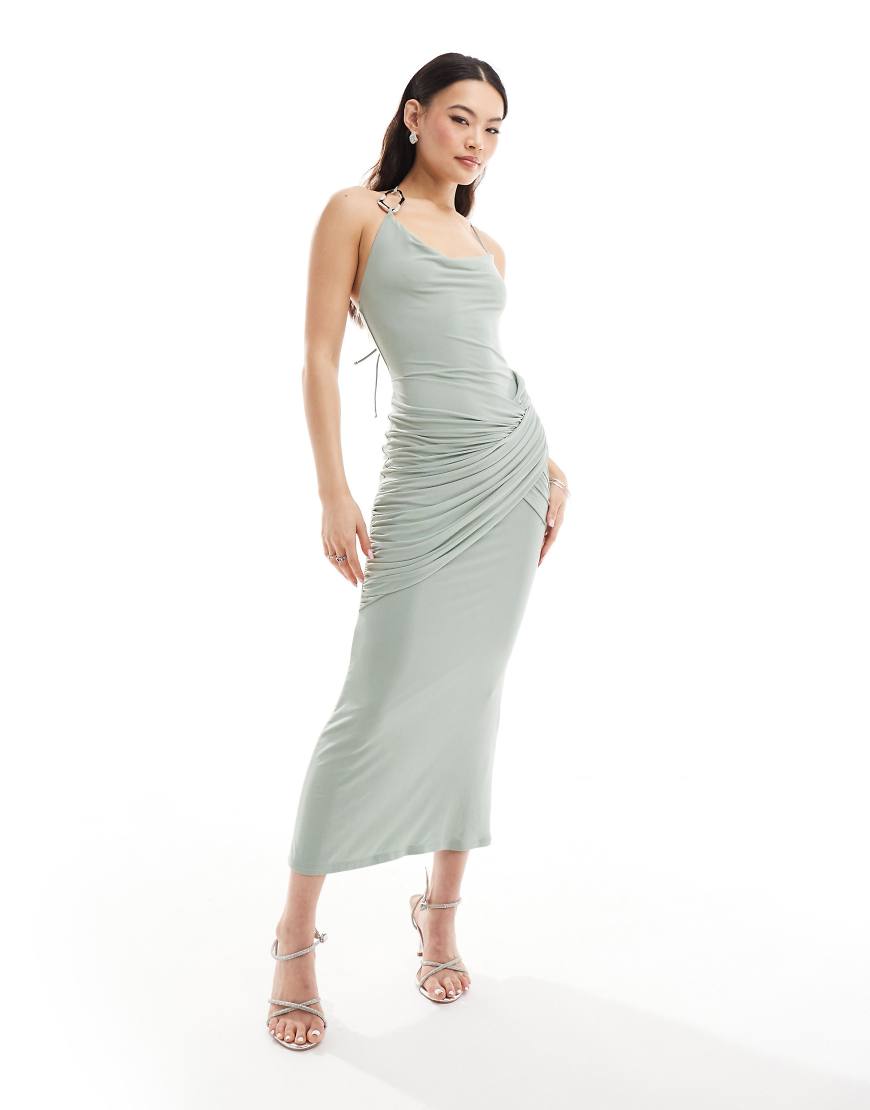 ASOS DESIGN - Netzstoff-Maxikleid in Salbeigrün mit Wasserfallausschnitt und Besatz-Schwarz von ASOS DESIGN