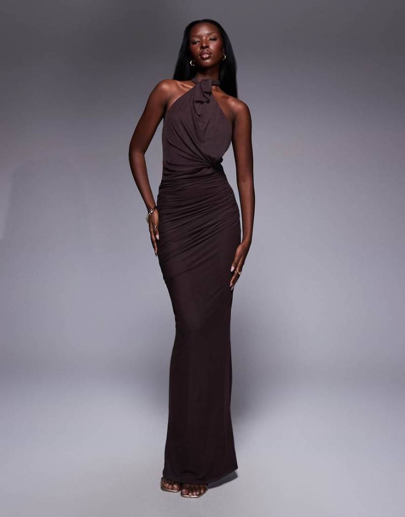 ASOS DESIGN - Netzstoff-Maxikleid in Schokobraun mit verdrehtem Brustdetail und im Nacken gebundenem Neckholder-Brown von ASOS DESIGN