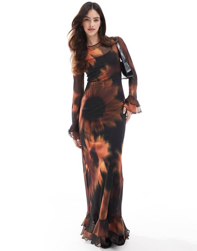 ASOS DESIGN - Netzstoff-Maxikleid in Schwarz mit übergroßem Gänseblümchenmuster-Bunt von ASOS DESIGN