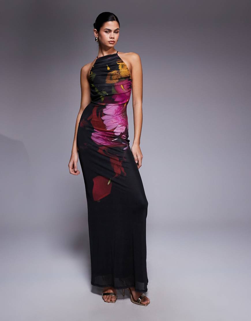 ASOS DESIGN - Netzstoff-Maxikleid mit Blumenmuster, Neckholder und Besatz-Detail-Bunt von ASOS DESIGN