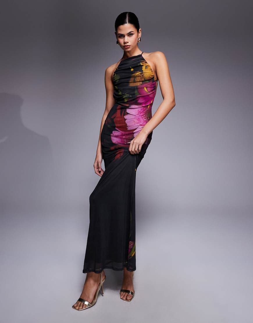 ASOS DESIGN - Netzstoff-Maxikleid mit Blumenmuster, Neckholder und Besatz-Detail-Bunt von ASOS DESIGN
