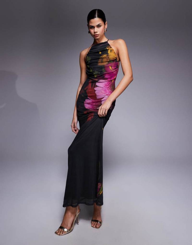 ASOS DESIGN - Netzstoff-Maxikleid mit Blumenmuster, Neckholder und Besatz-Detail-Bunt von ASOS DESIGN