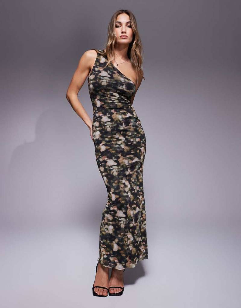 ASOS DESIGN - Netzstoff-Maxikleid mit abstraktem Print und One-Shoulder-Träger-Bunt von ASOS DESIGN