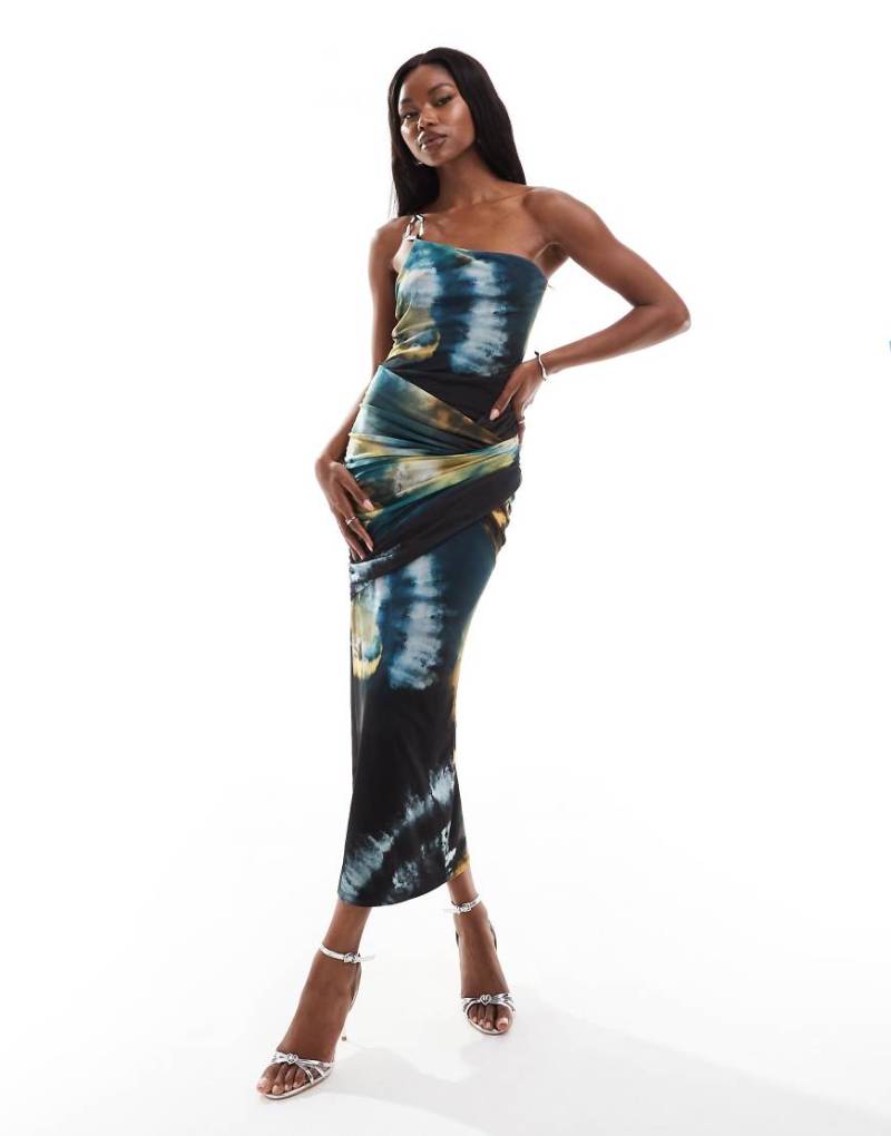 ASOS DESIGN - Netzstoff-Maxikleid mit grünem Marmormuster und Wasserfallbesatz-Bunt von ASOS DESIGN