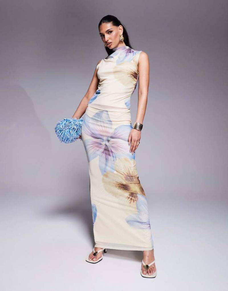 ASOS DESIGN - Netzstoff-Maxirock in Buttermilchgelb mit niedrigem Bund und Blumenmuster, Kombiteil von ASOS DESIGN