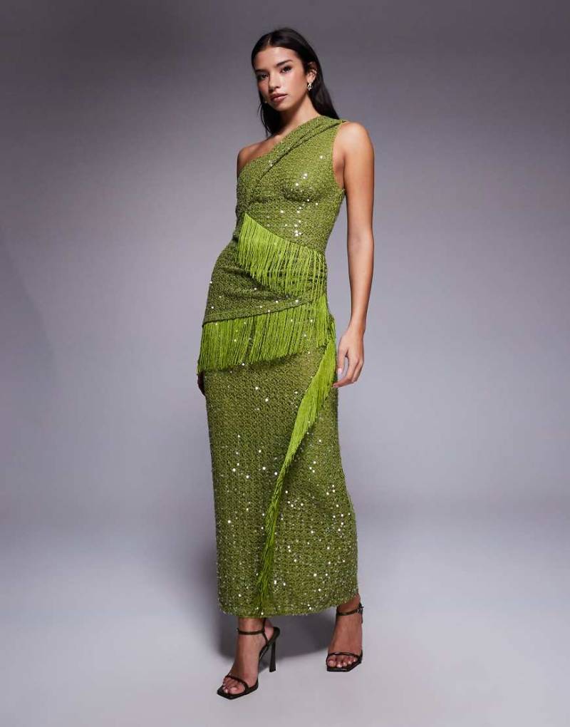 ASOS DESIGN - Netzstoff-Midikleid in Grün mit Paillettenbesatz, verdrehtem One-Shoulder-Träger und drapierten Stoffbahnen mit Fransen von ASOS DESIGN