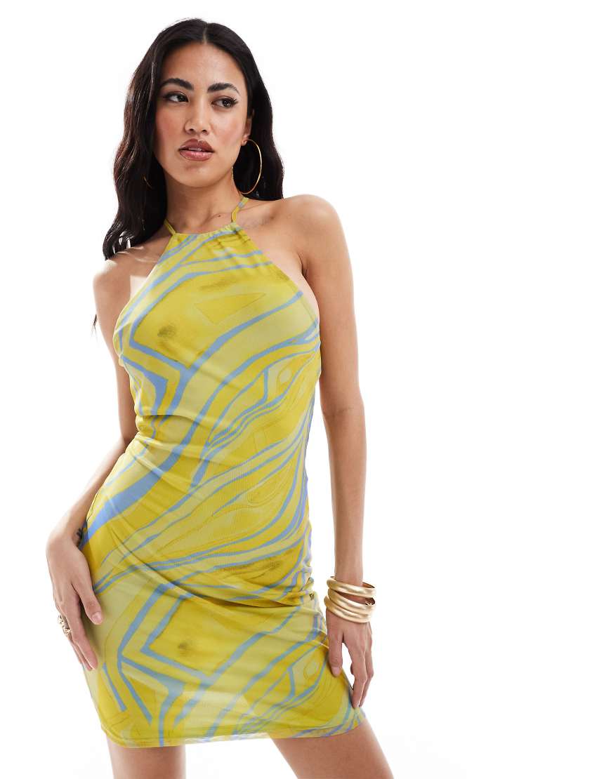 ASOS DESIGN - Netzstoff-Minikleid in Gelb und Blau mit Neckholder-Träger und Animalprint-Bunt ASOS DESIGN - Netzstoff-Minikleid in Gelb und Blau mit Neckholder-Träger und Animalprint-Bunt von ASOS DESIGN