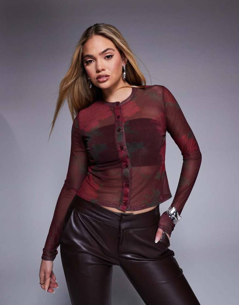 ASOS DESIGN - Netzstoff-Strickjacke mit Blumenmuster und durchgehender Knopfleiste-Bunt von ASOS DESIGN