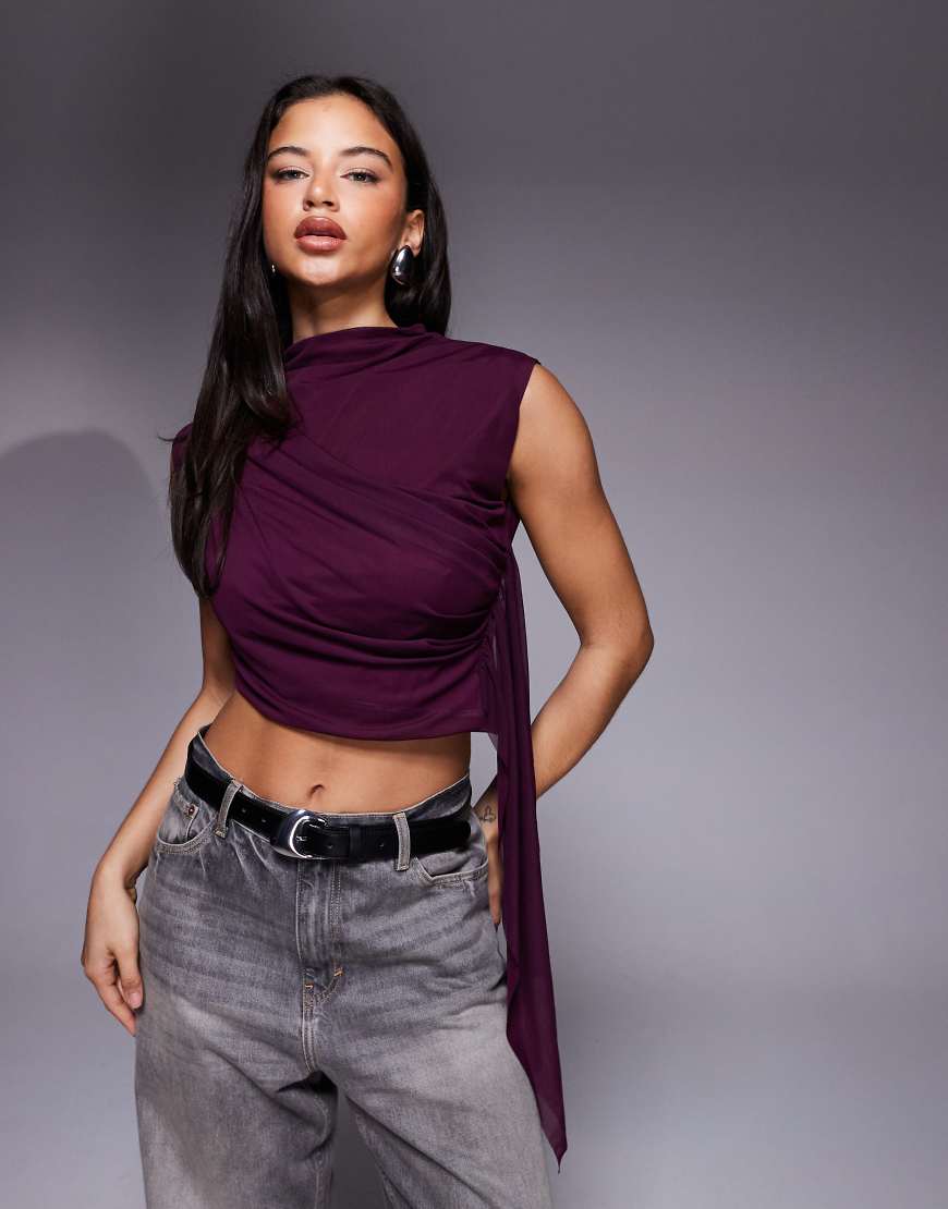 ASOS DESIGN - Netzstoff-Top in Feigenlila mit drapiertem Schal-Detail und Stehkragen von ASOS DESIGN