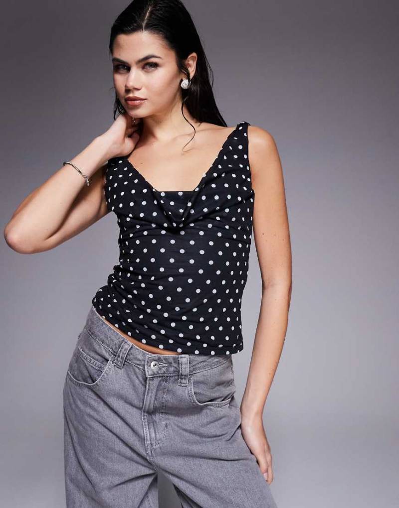 ASOS DESIGN - Netzstoff-Top in Schwarz mit Polka Dots und Wasserfallausschnitt-Bunt von ASOS DESIGN