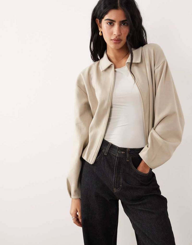 ASOS DESIGN - Oberteil in Grau meliert mit durchgehendem Reißverschluss und Ballonärmeln, Kombiteil von ASOS DESIGN