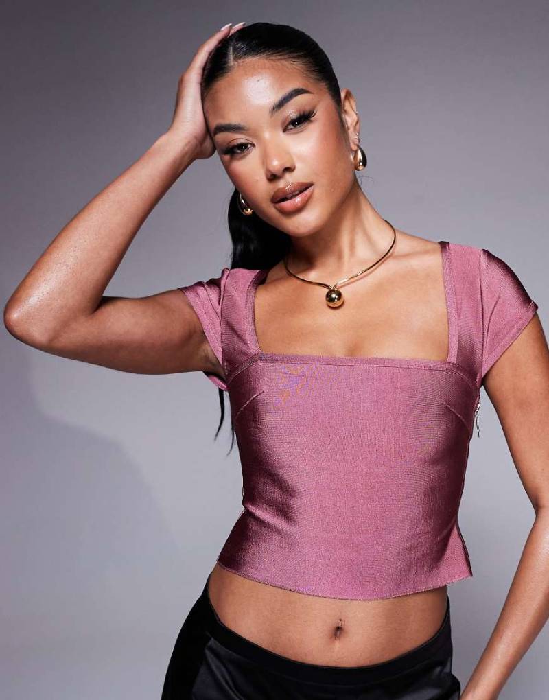 ASOS DESIGN - Oberteil in Mauve mit Bandagen-Design, eckigem Ausschnitt und Kappärmeln-Lila von ASOS DESIGN