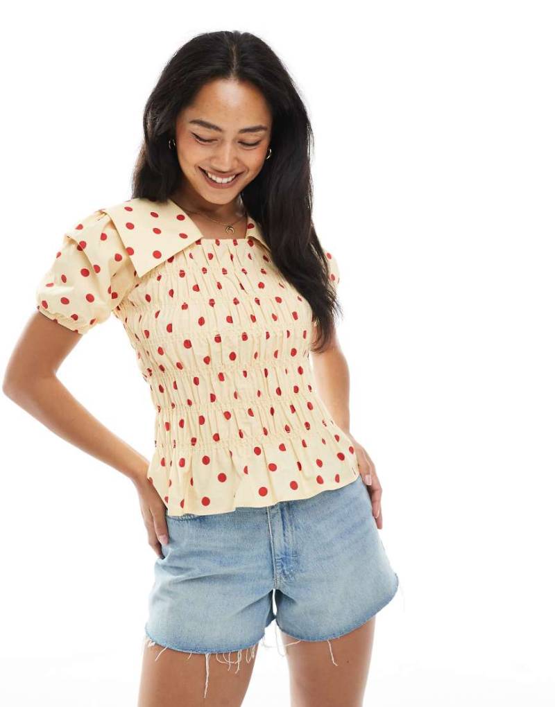 ASOS DESIGN - Oberteil mit Raffung, Oversize-Kragen und Punktemuster-Bunt von ASOS DESIGN