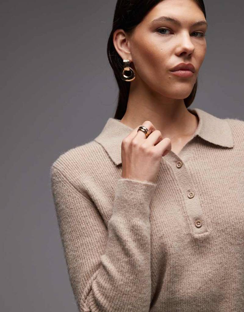 ASOS DESIGN - Henley-Pullover aus Strick in Hellbeige mit Kragen und lockerer Passform-Neutral von ASOS DESIGN