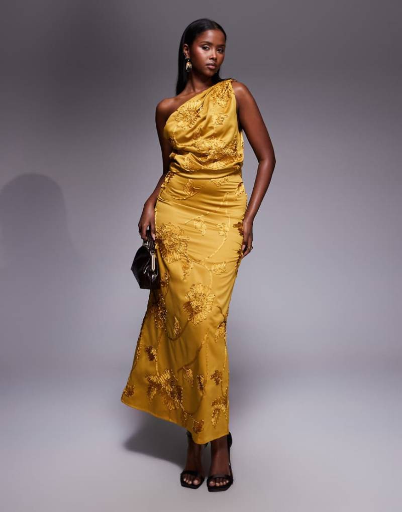 ASOS DESIGN - One-Shoulder-Kleid in Ocker mit Faltenlegung und Stickerei in Midaxilänge-Gelb von ASOS DESIGN