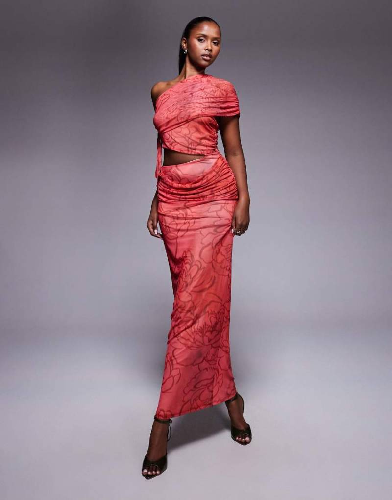 ASOS DESIGN - One-Shoulder-Maxikleid aus Netzstoff mit gerafftem Oberteil und Blumenprint-Bunt von ASOS DESIGN