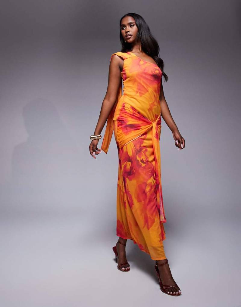 ASOS DESIGN - One-Shoulder-Maxikleid aus Netzstoff mit orangefarbenem Blumenprint und geknotetem Rockdetail-Bunt von ASOS DESIGN